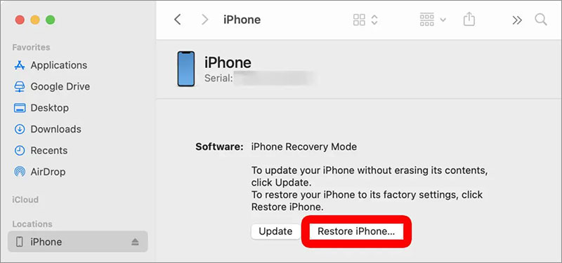 click Restore iPhone in iTunes screen