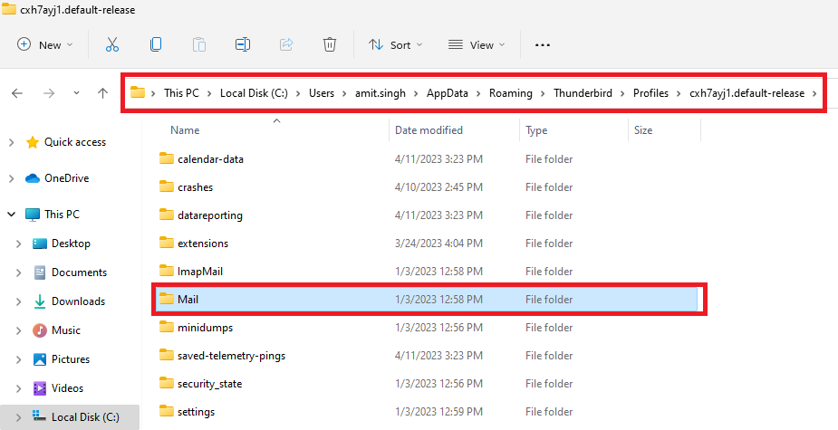 Mail folder in Thunderbird profile directory