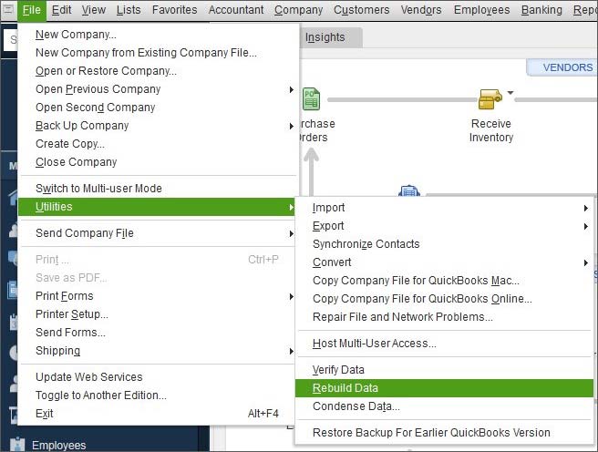 Intuit quickbooks inbuilt tool showing the File menu with the Utilities option selected, followed by clicking on the Rebuild Data option.