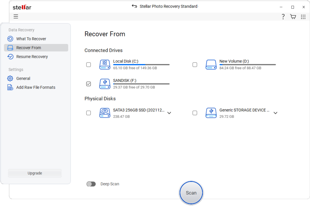 Select where to recover from 