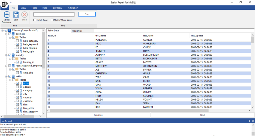 Visual representation of the Repair button, Repair Complete dialog box, and the preview of the repaired database and recoverable components in the software interface.