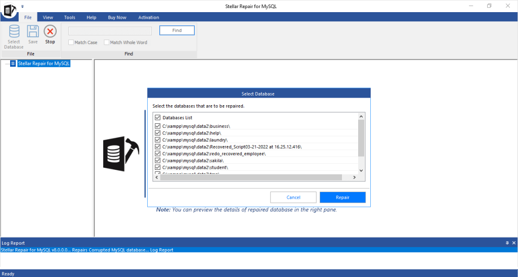 A screenshot showing the 'Select Database' window with options to choose a database for repair.