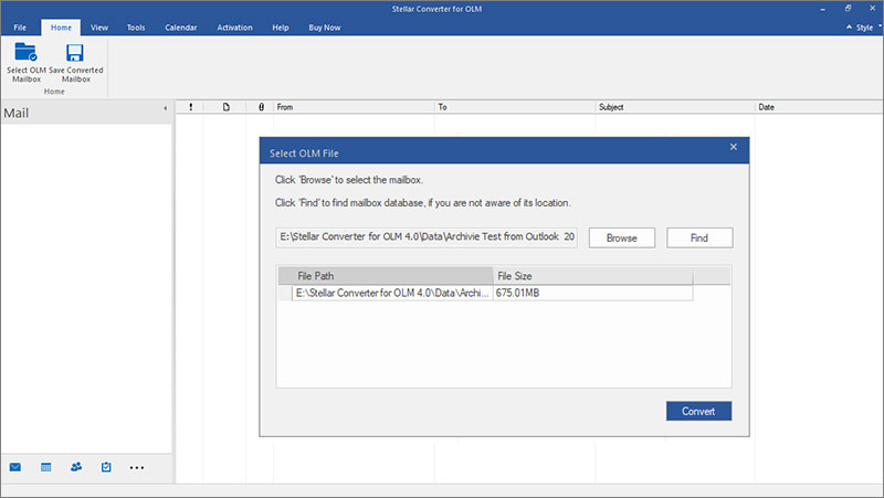 Screenshot of a software installation guide showing steps to download and install the software, with instructions to select an OLM file using the 'Select Mailbox' option, and an additional 'Find Mailbox' option for users who are unsure of the file's location.