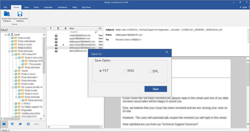 A user clicking on the 'Save Converter Mailbox' icon in the menu bar, then selecting a .pst file from the 'Select Mailbox Option' dialog box and clicking OK.