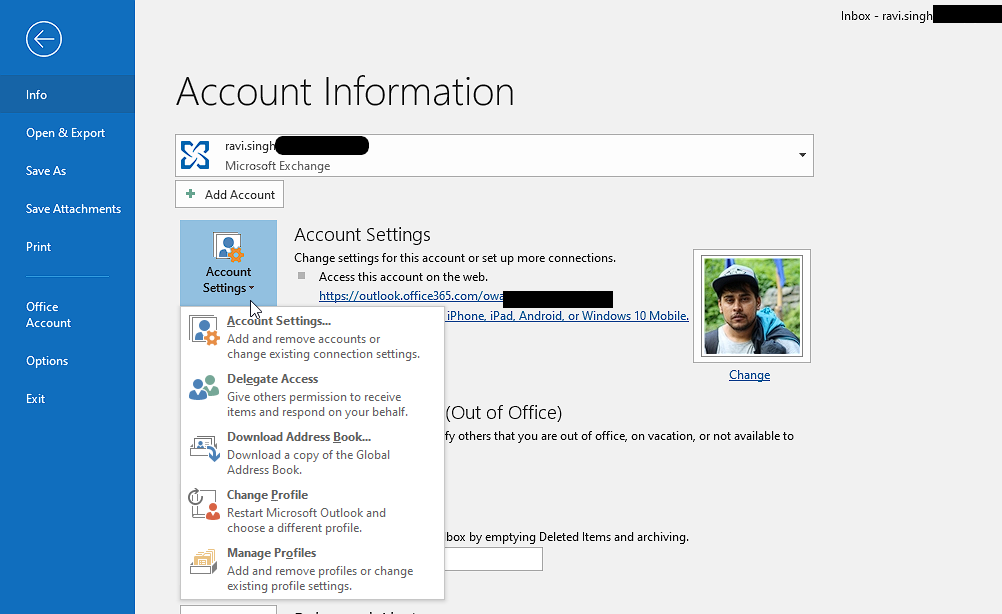 Outlook Account Settings Option