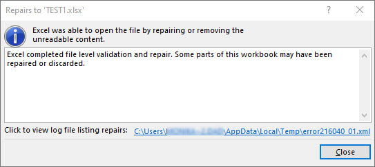 After Repair Excel Completed File Level Validation Message