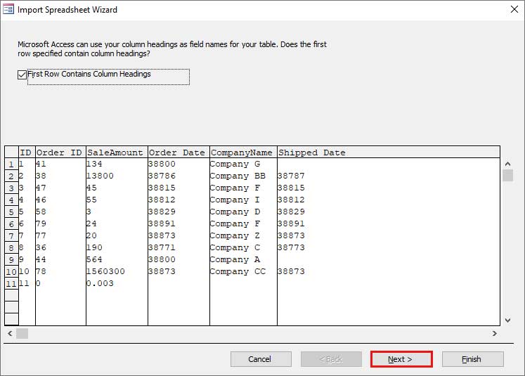 Click Next On Import Spreadsheet Wizard