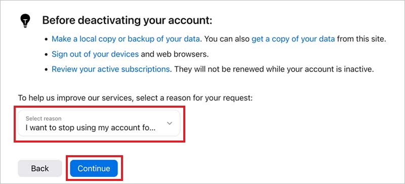 choose a reason before deactivating your account