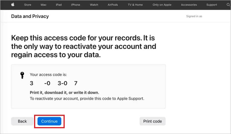 keep this access code for your records