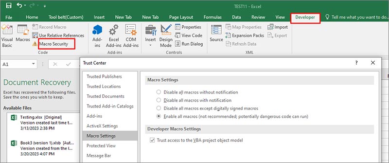 Go To Developer To Open Macro Security