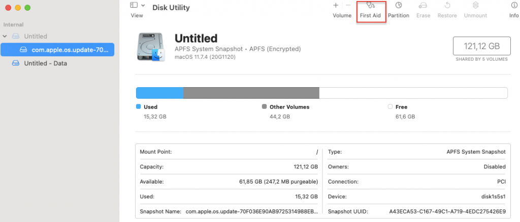 Launchpad > Disk Utility > First Aid