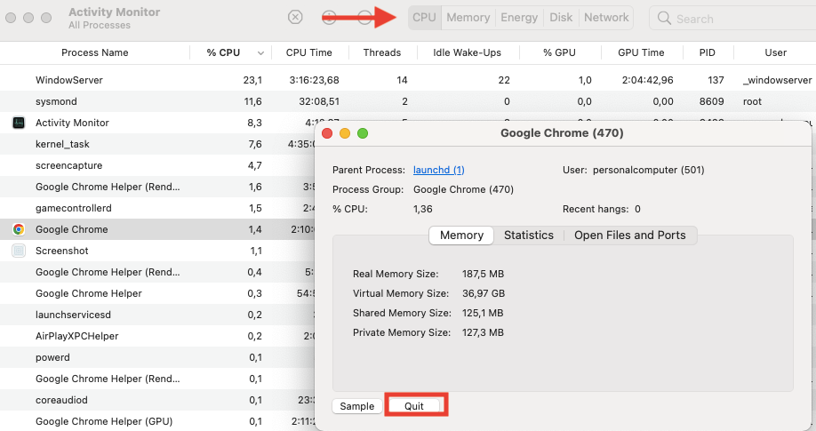 Launchpad > Activity Monitor > CPU > Google Chrome > Quit