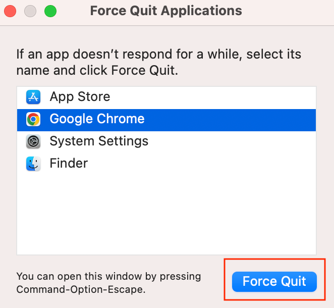 Force Quit applications window