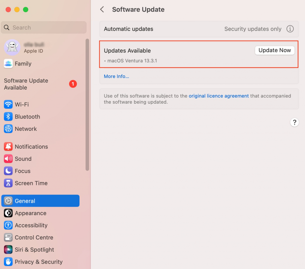 Software update tab > Update now