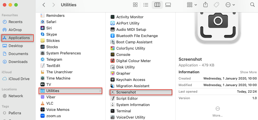 Finder > Applications > Utilities > Screenshot