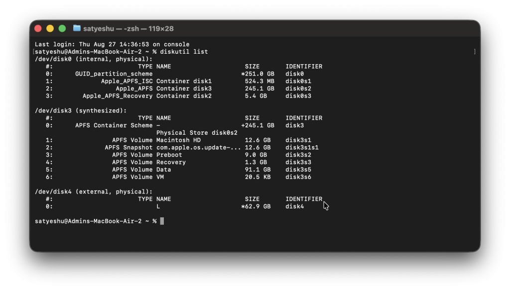 diskutil list command in Mac terminal