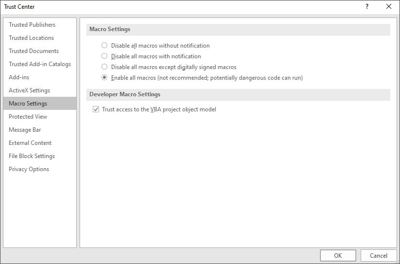 Macro Settings In Trust Center