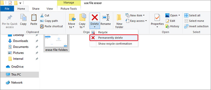 use windows ribbon to permanently delete files