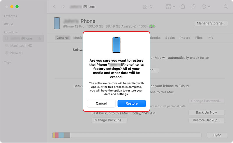 reset iPhone via iTunes - click Restore