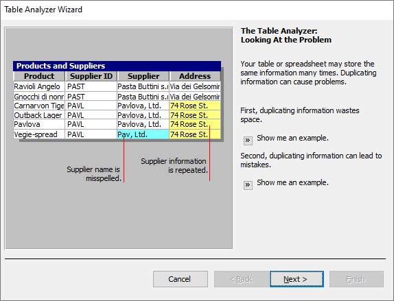 Table Analyzer Wizard Window