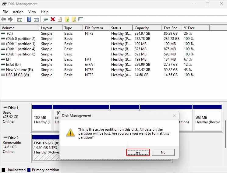 click yes to format usb drive