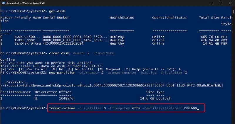 format usb pen drive using powershell