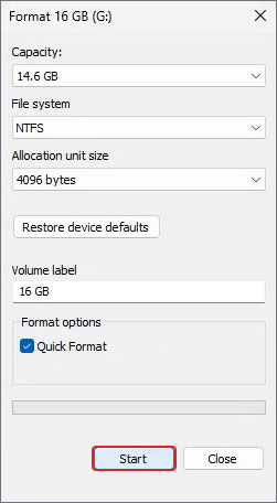 click on start to format usb drive