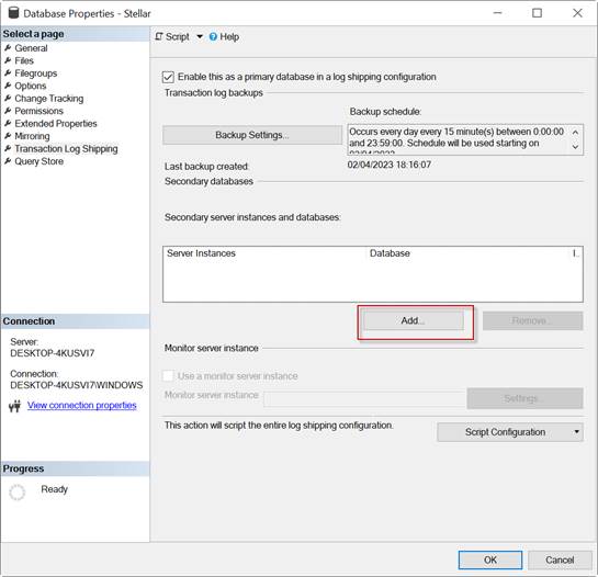 Adding instance in Database Properties