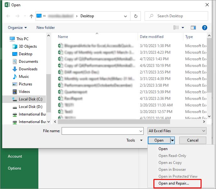 From the Open window, select the file and click on Open and Repair
