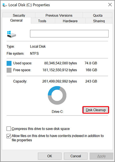 From the General tab, click on Disk Cleanup