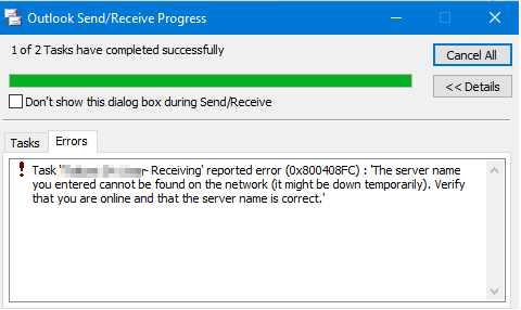 Outlook send receive error