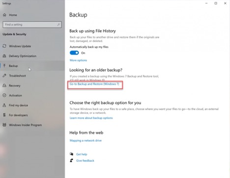 Backup Settings > Go to Backup and Restore (Windows 7)