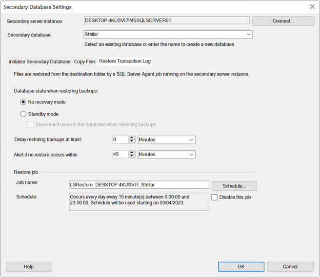 Selection of database stage for restoring backups