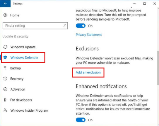 open windows defender settings to add Antimalware Service Executable 