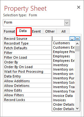 Click On Data In Property Window