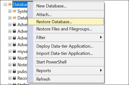 Restore Database Option in Object Explorer
