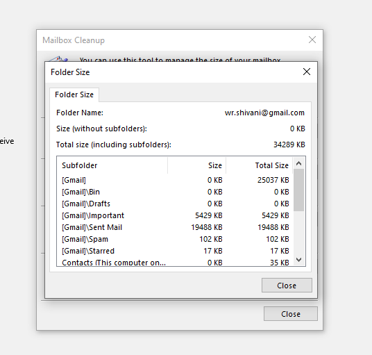 Check the Outlook OST folder size