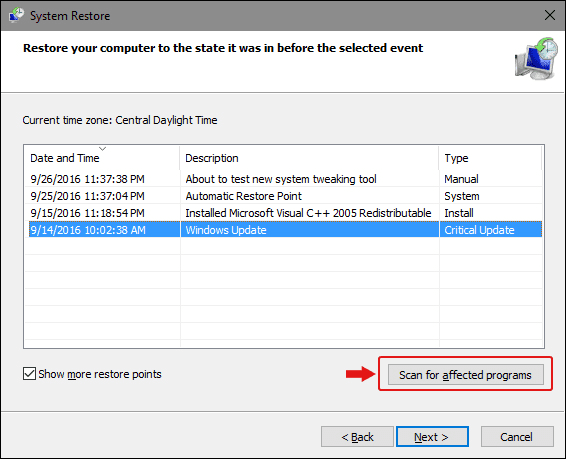 select the windows restore point