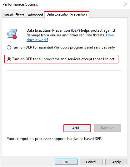 turn on Data Execution Prevention to fix the exception access violation error on windows