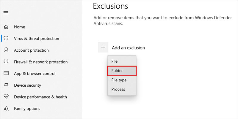 click to add folder to exclusion