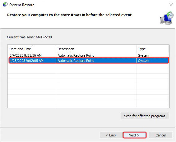 select the system restore point to Recover Deleted Drivers