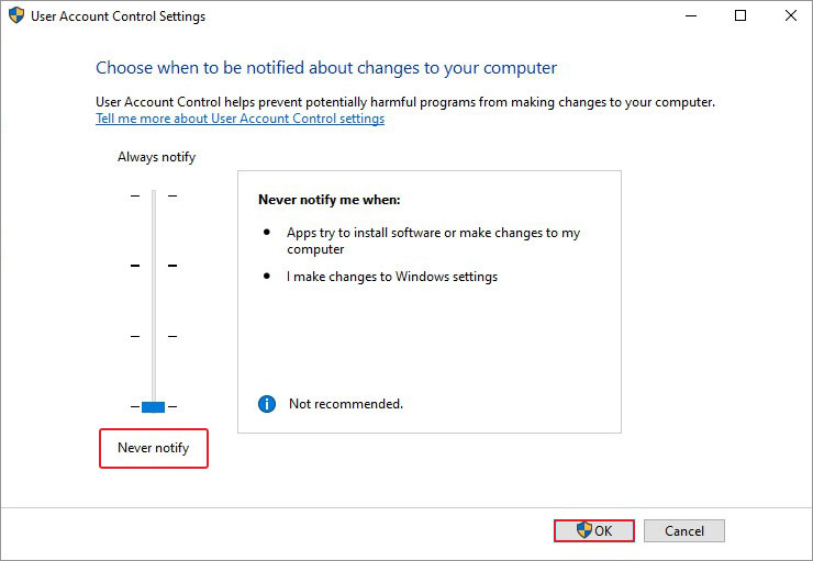 change the UAC settings to fix the exception access violation error