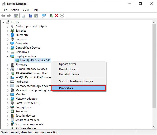 open device driver properties