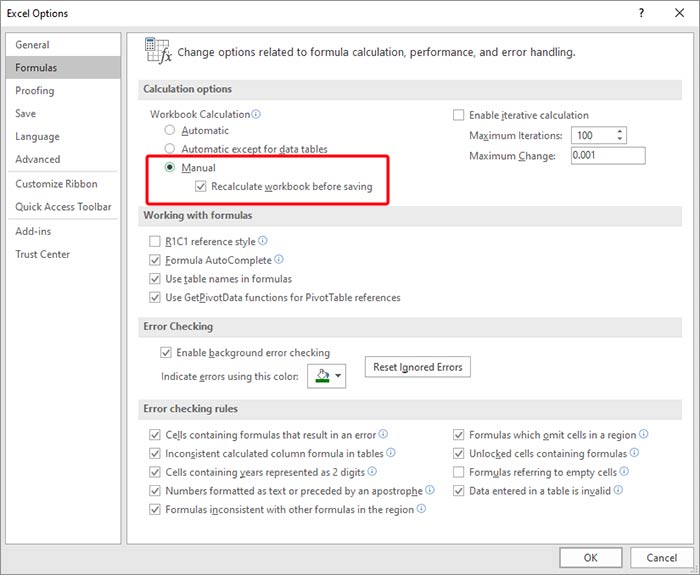 Select Manual On Excel Options