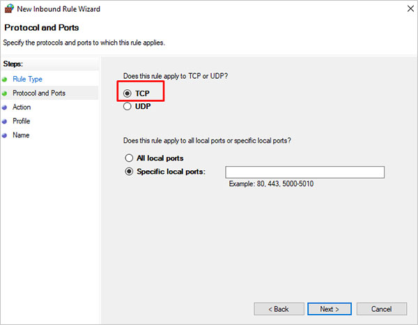 Select TCP Port In Protocols And Ports