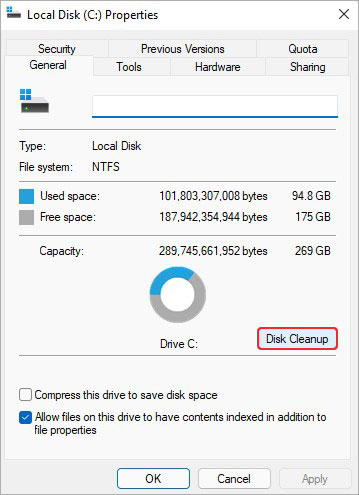 selrct-disk-cleanup-under-general-tab