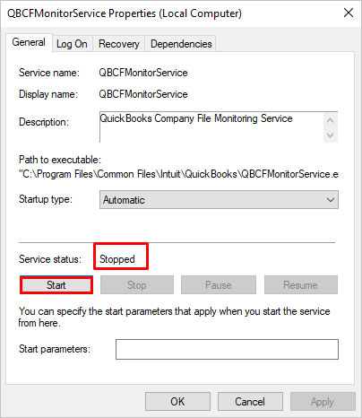 Service Status In Qbcfmonitorservice Properties