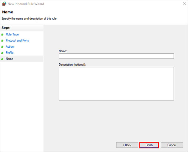 Specify Name On New Inbound Rule Wizard