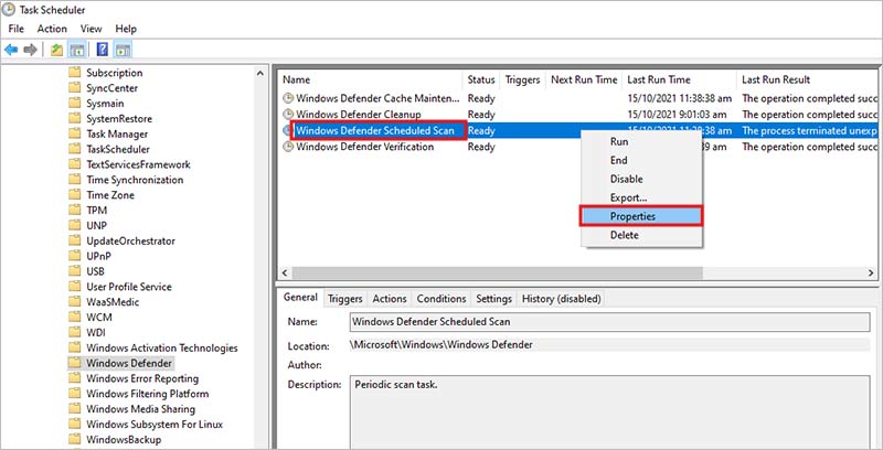 go into windows defender scan properties