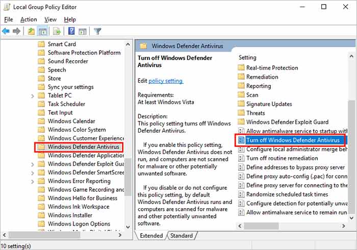 select windows defender settings